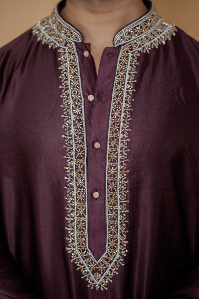 Wine Japanese Silk Kurta Set with Gold Zari Floral Hand Embroidery