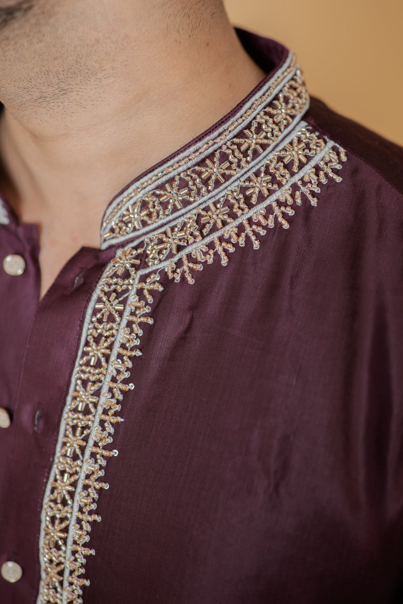 Wine Japanese Silk Kurta Set with Gold Zari Floral Hand Embroidery