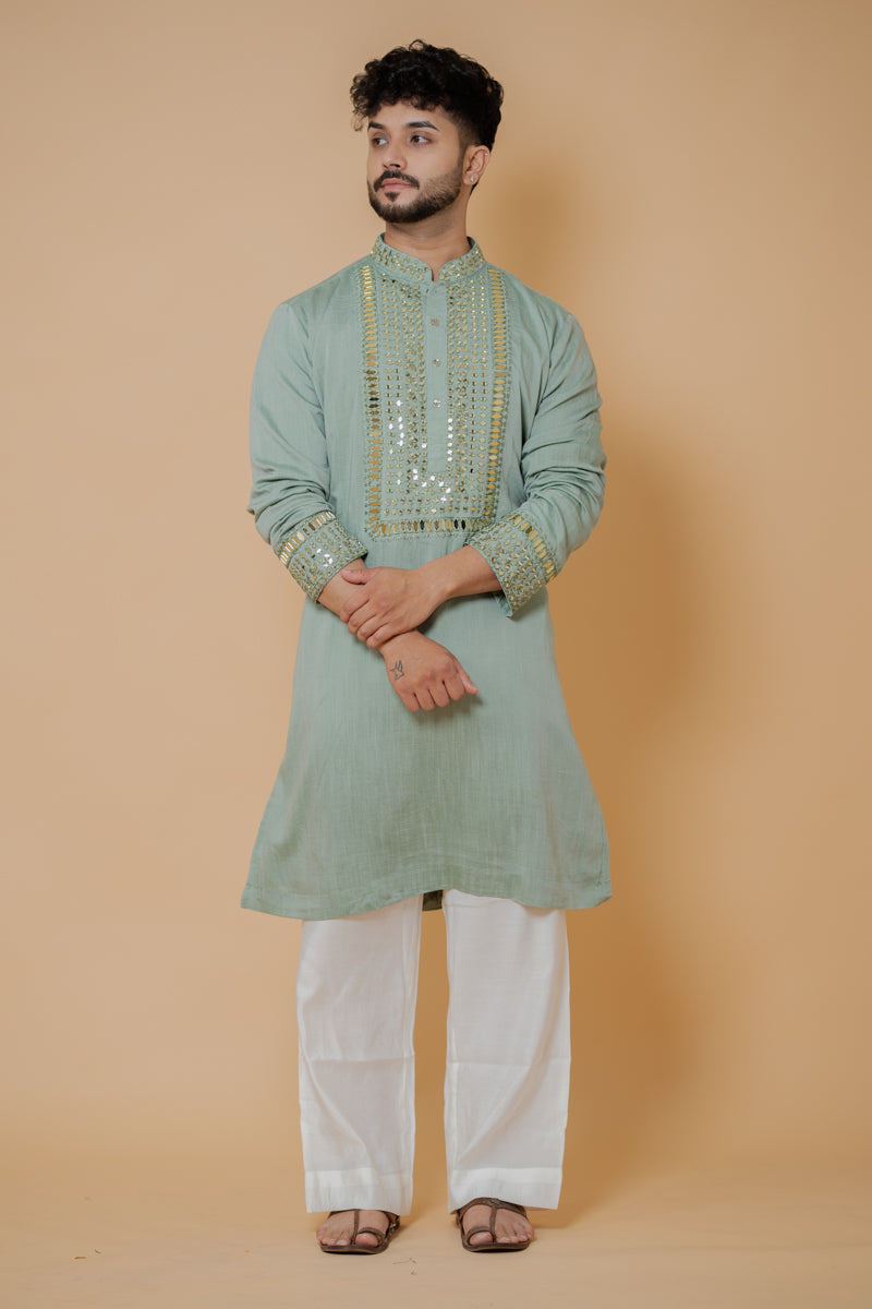 Sage Green Japanese Silk Kurta Set with Mirror Work Embroidery