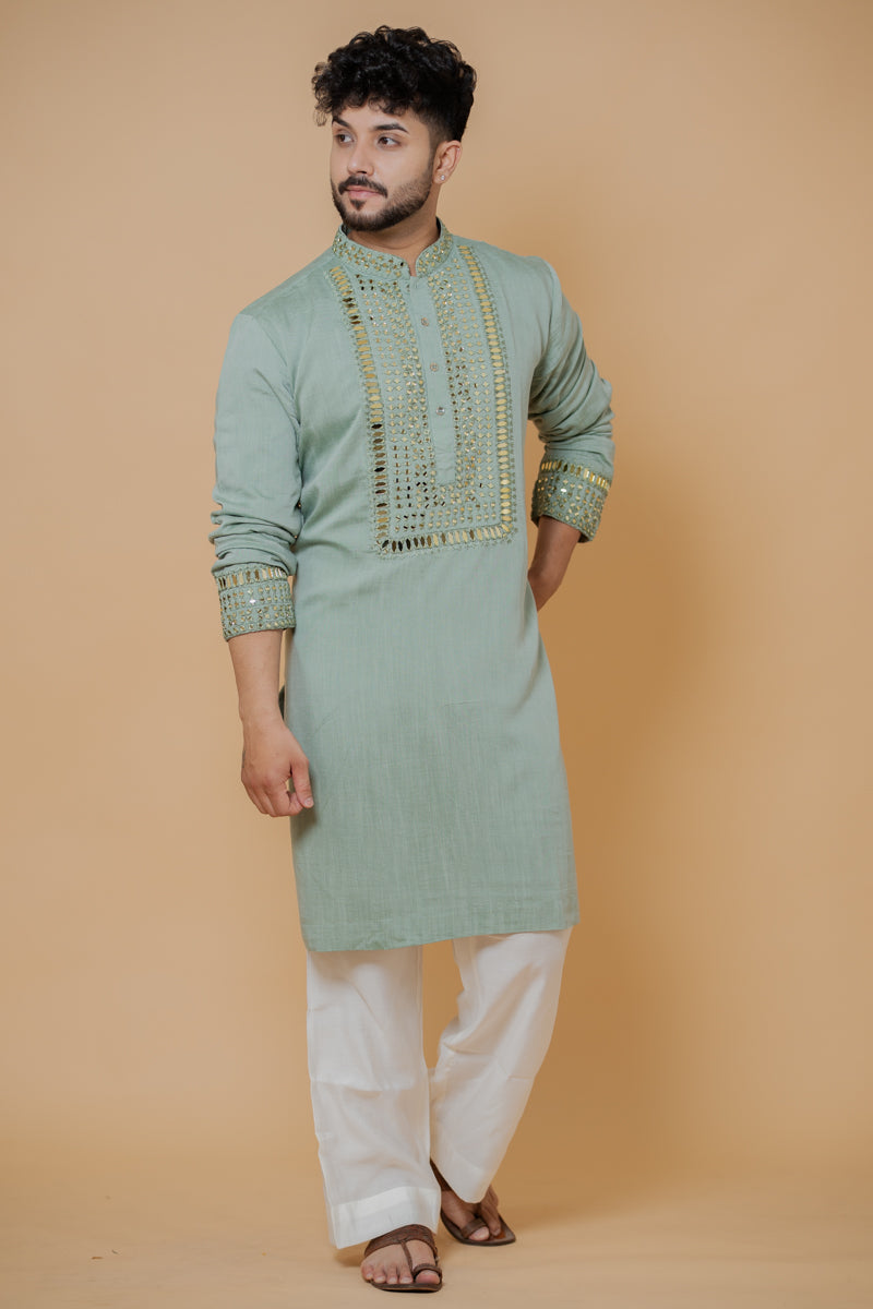 Sage Green Linen Silk Kurta Set with Mirror Work Embroidery