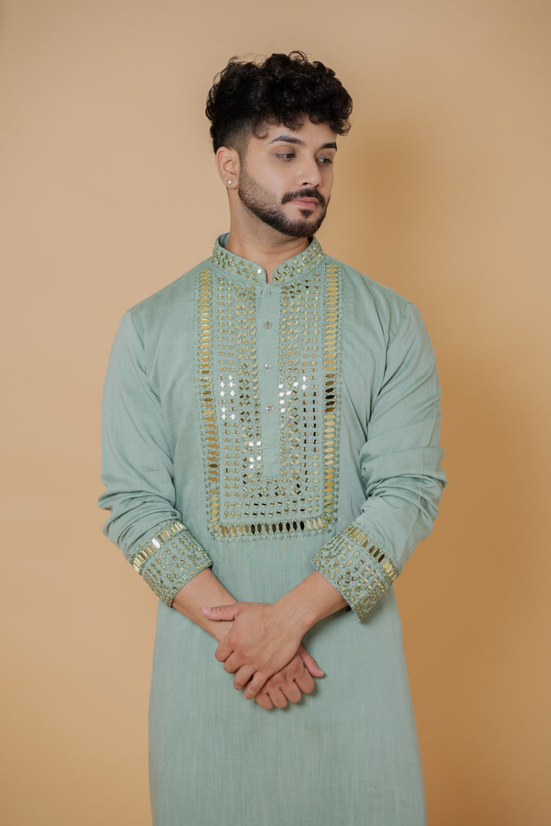 Sage Green Japanese Silk Kurta Set with Mirror Work Embroidery