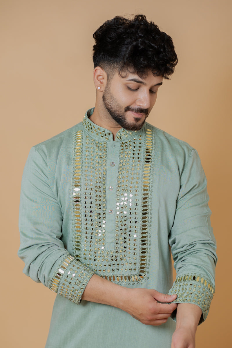 Sage Green Linen Silk Kurta Set with Mirror Work Embroidery