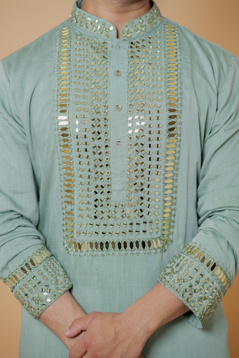 Sage Green Linen Silk Kurta Set with Mirror Work Embroidery