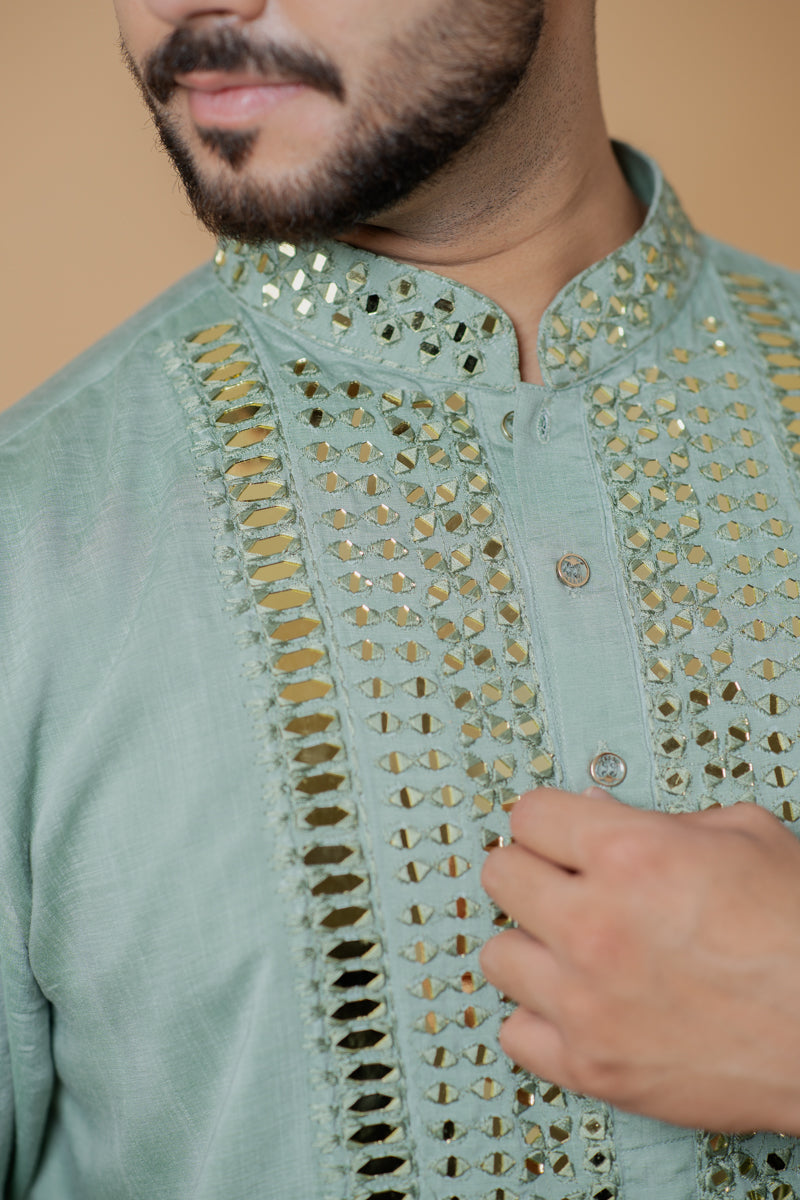 Sage Green Linen Silk Kurta Set with Mirror Work Embroidery