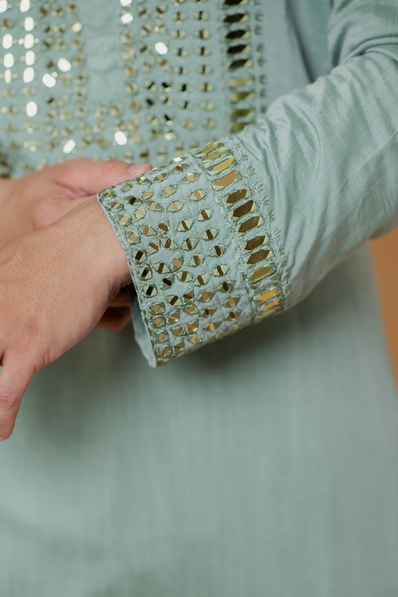 Sage Green Linen Silk Kurta Set with Mirror Work Embroidery