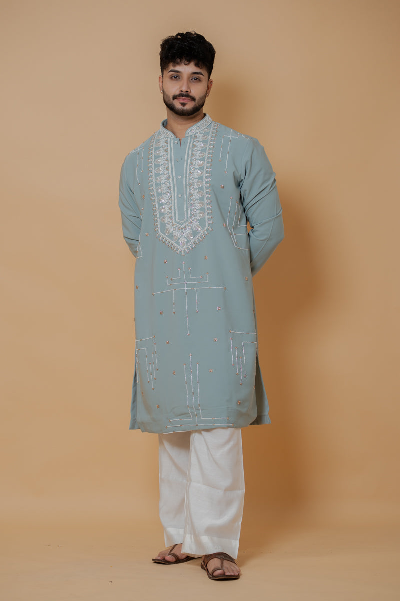 Pastel Green Japanese Silk Kurta Set with Pearl Embroidery