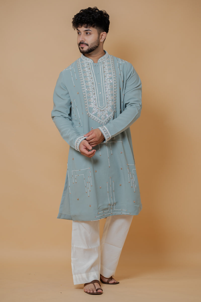 Pastel Green Japanese Silk Kurta Set with Pearl Embroidery