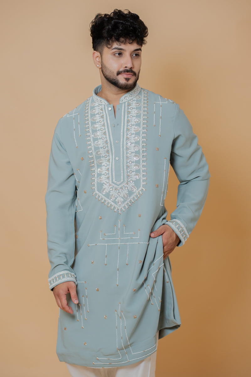 Pastel Green Japanese Silk Kurta Set with Pearl Embroidery