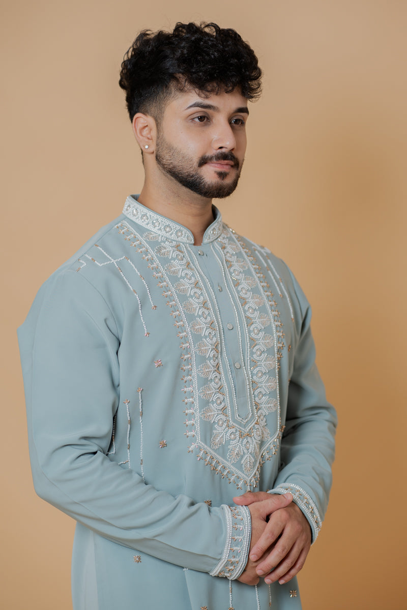 Pastel Green Japanese Silk Kurta Set with Pearl Embroidery