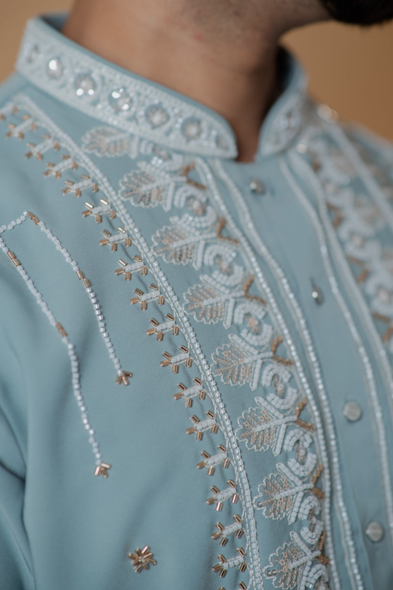 Pastel Green Japanese Silk Kurta Set with Pearl Embroidery