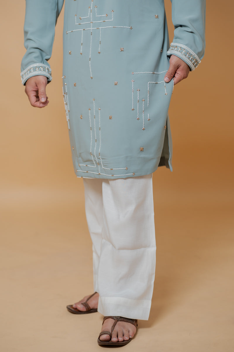 Pastel Green Japanese Silk Kurta Set with Pearl Embroidery