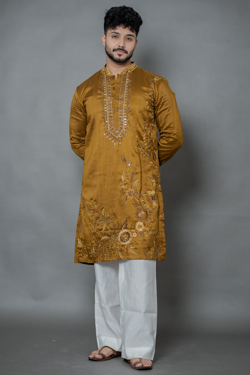 Olive Gold Japanese Silk Kurta Set with Floral Embroidery