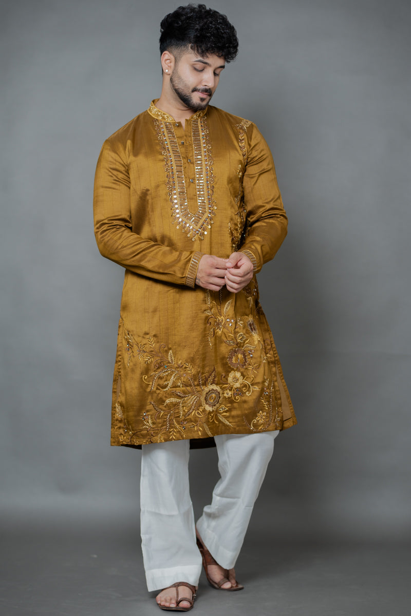 Olive Gold Japanese Silk Kurta Set with Floral Embroidery