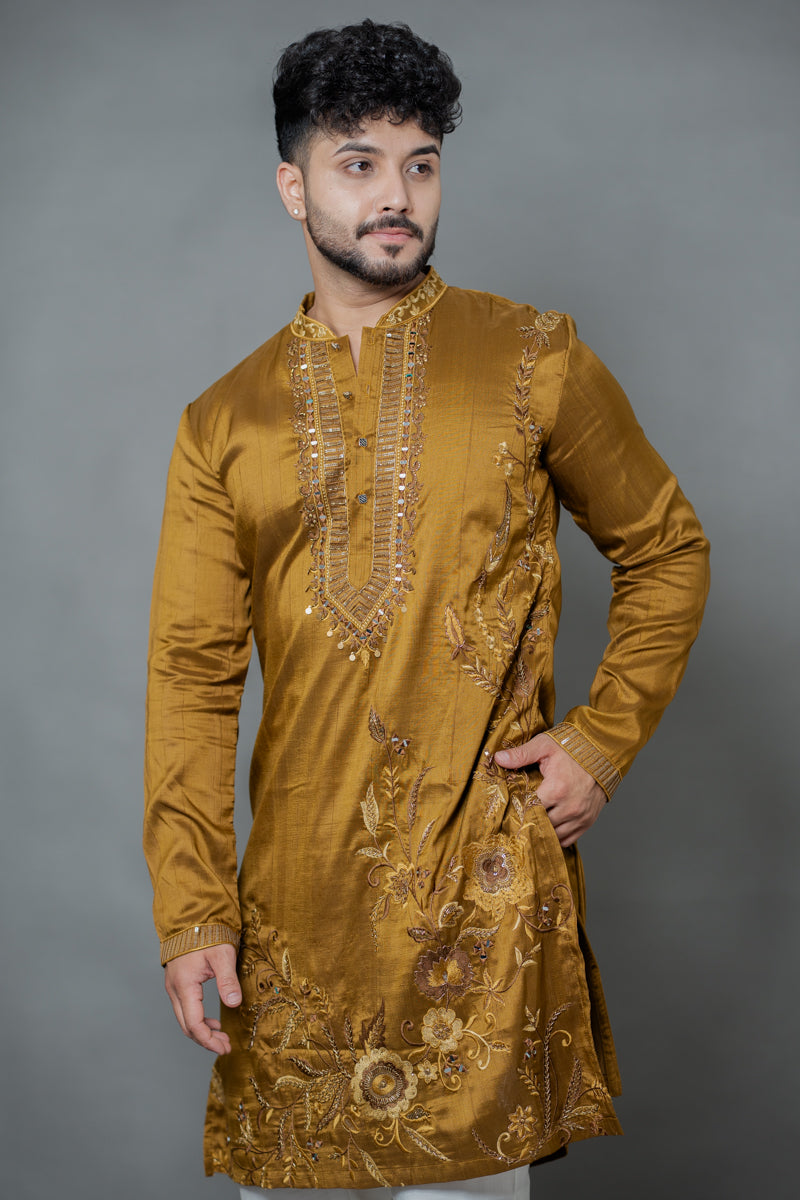 Olive Gold Japanese Silk Kurta Set with Floral Embroidery