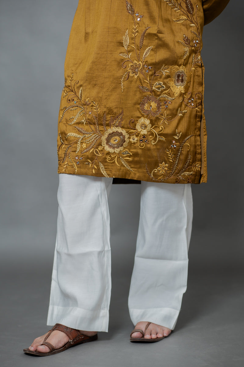 Olive Gold Japanese Silk Kurta Set with Floral Embroidery