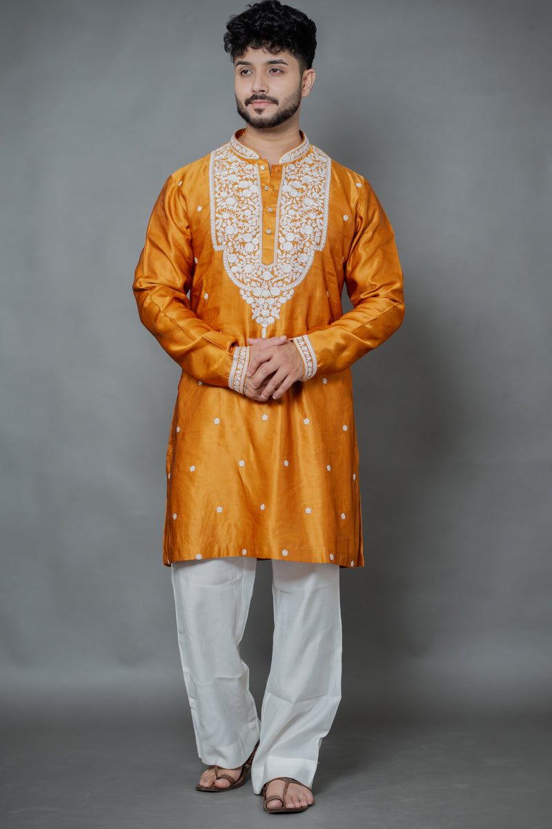 Orange Japanese Silk Kurta with White Chikankari Embroidery