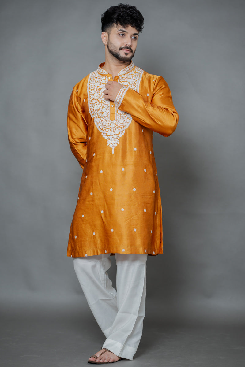 Orange Japanese Silk Kurta with White Chikankari Embroidery