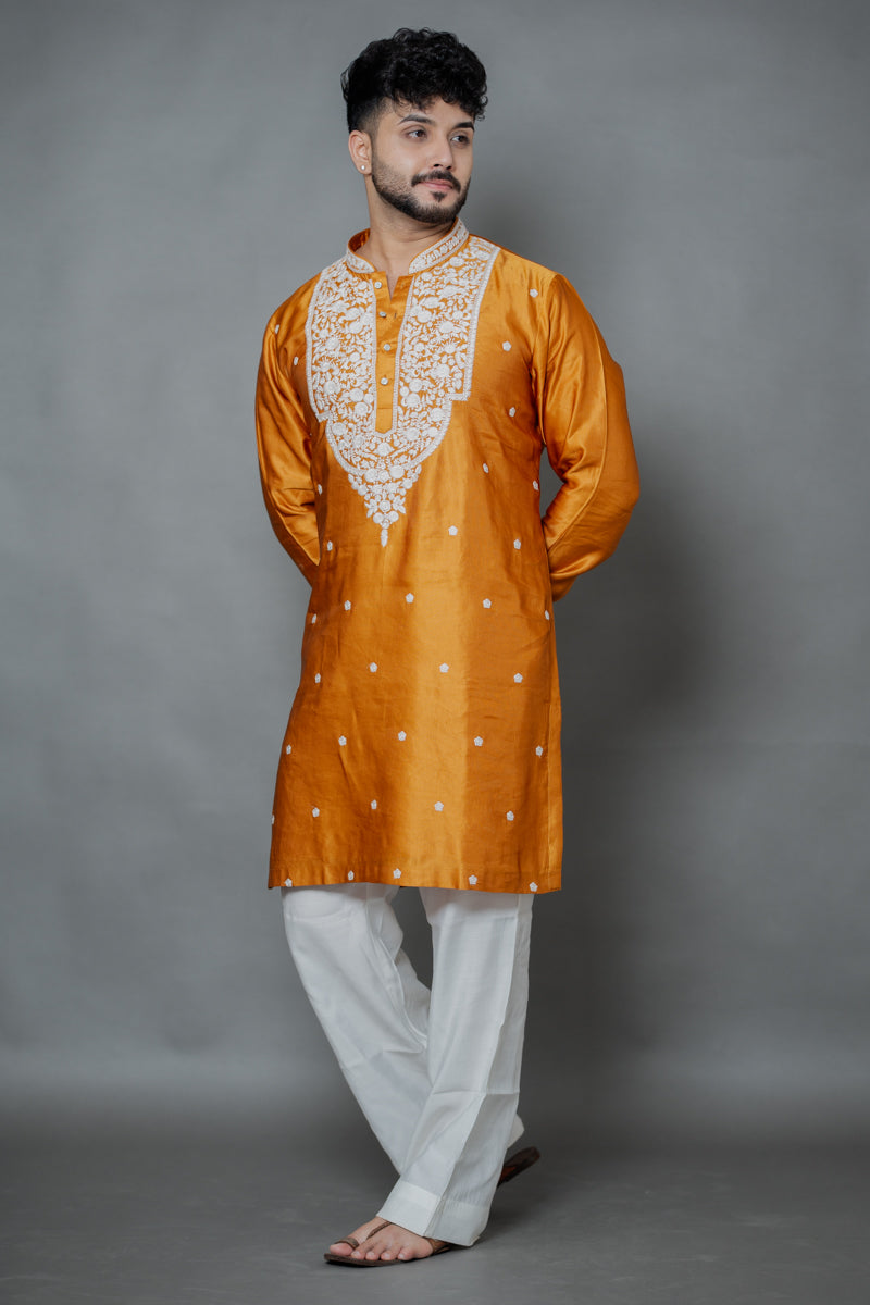 Orange Japanese Silk Kurta with White Chikankari Embroidery