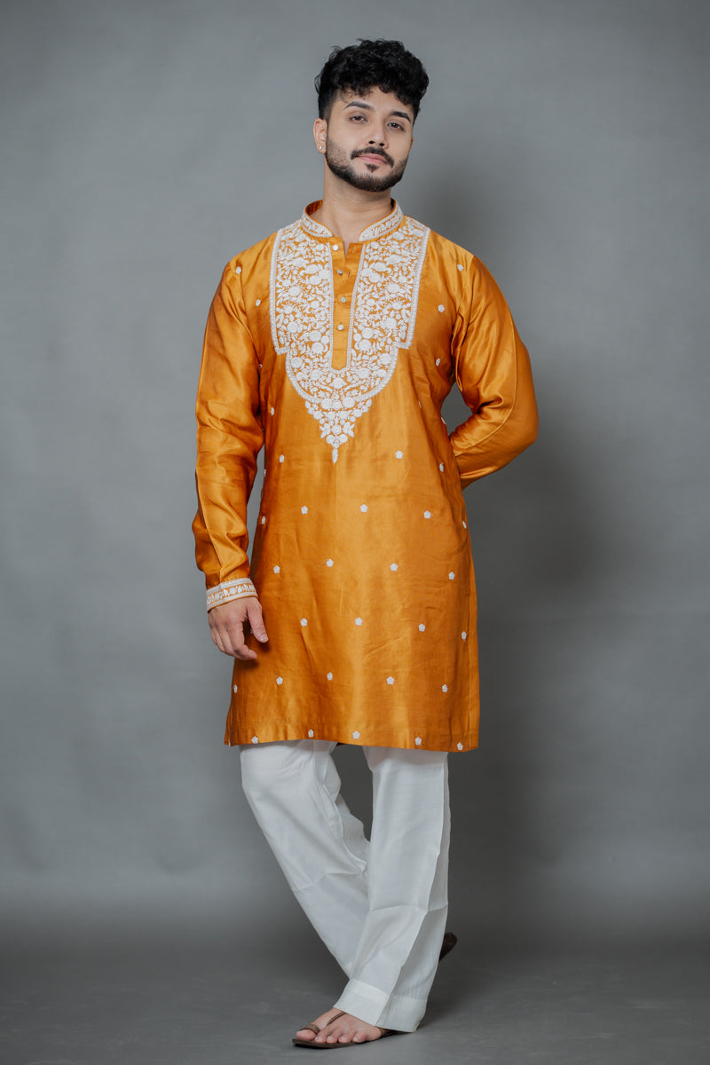 Orange Japanese Silk Kurta with White Chikankari Embroidery