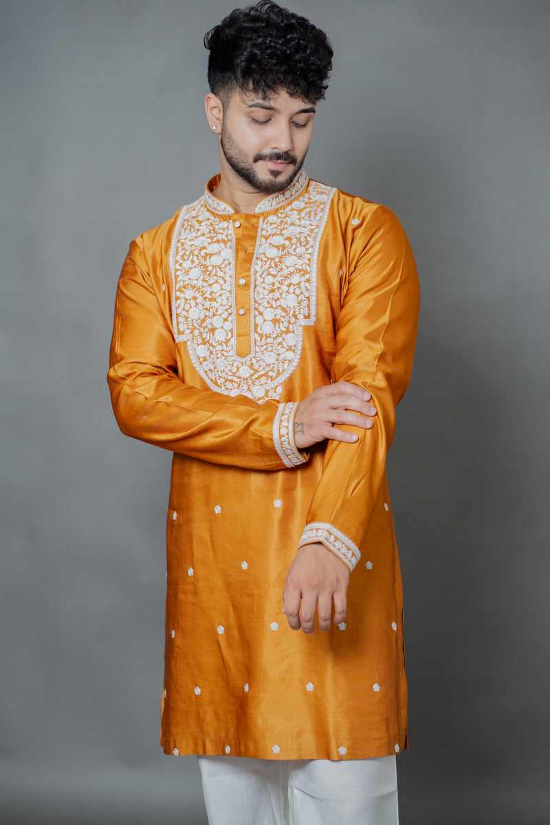 Orange Japanese Silk Kurta with White Chikankari Embroidery