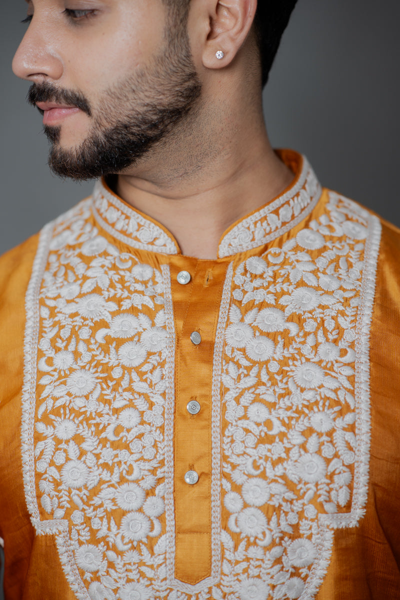 Orange Japanese Silk Kurta with White Chikankari Embroidery
