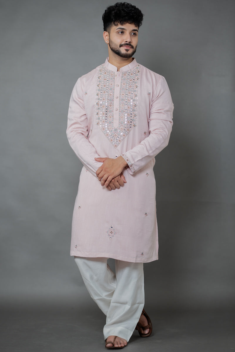 Cream Japanese Silk Kurta Set Mirror & Thread Work Embroidery