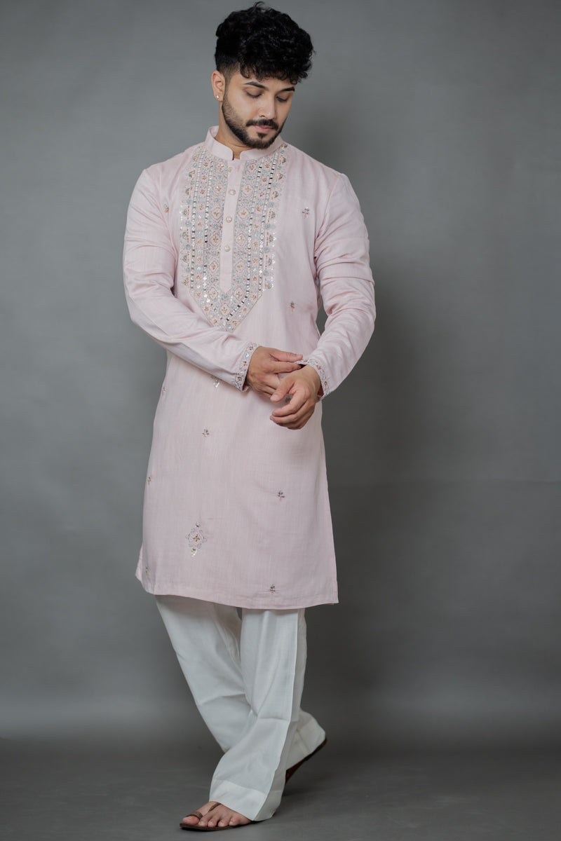 Cream Japanese Silk Kurta Set Mirror & Thread Work Embroidery