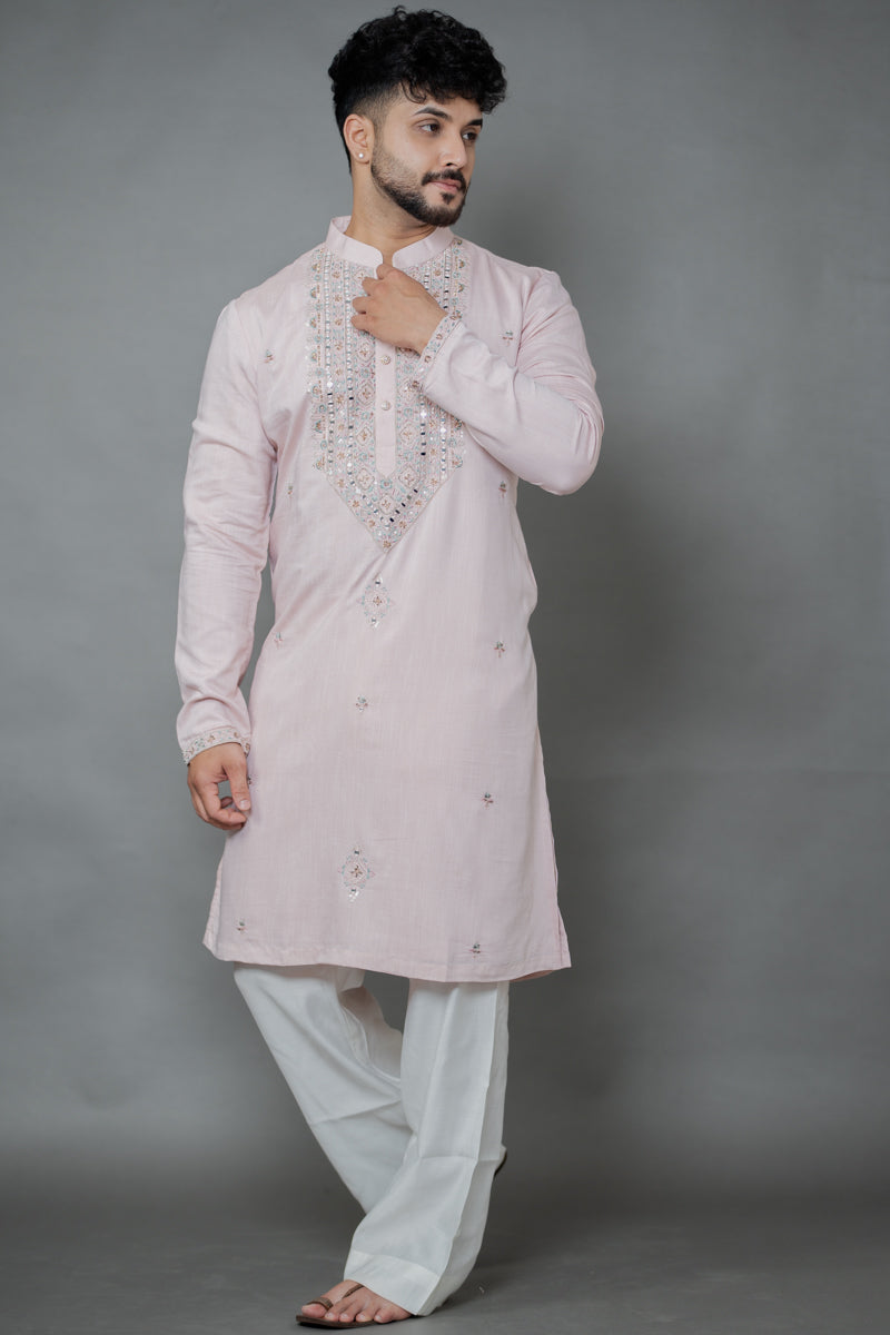 Cream Japanese Silk Kurta Set Mirror & Thread Work Embroidery