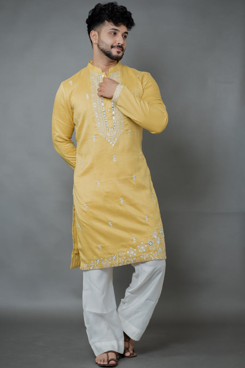 Mustard Gold Linen Silk Kurta Set with Thread Embroidery