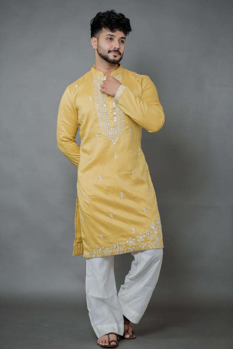 Mustard Gold Linen Silk Kurta Set with Thread Embroidery