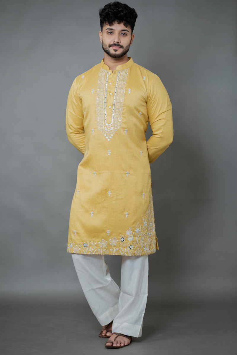 Mustard Gold Japanese Silk Kurta Set with Thread Embroidery