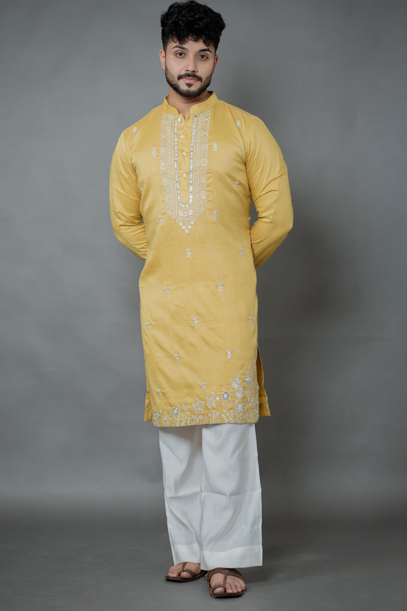 Mustard Gold Japanese Silk Kurta Set with Thread Embroidery