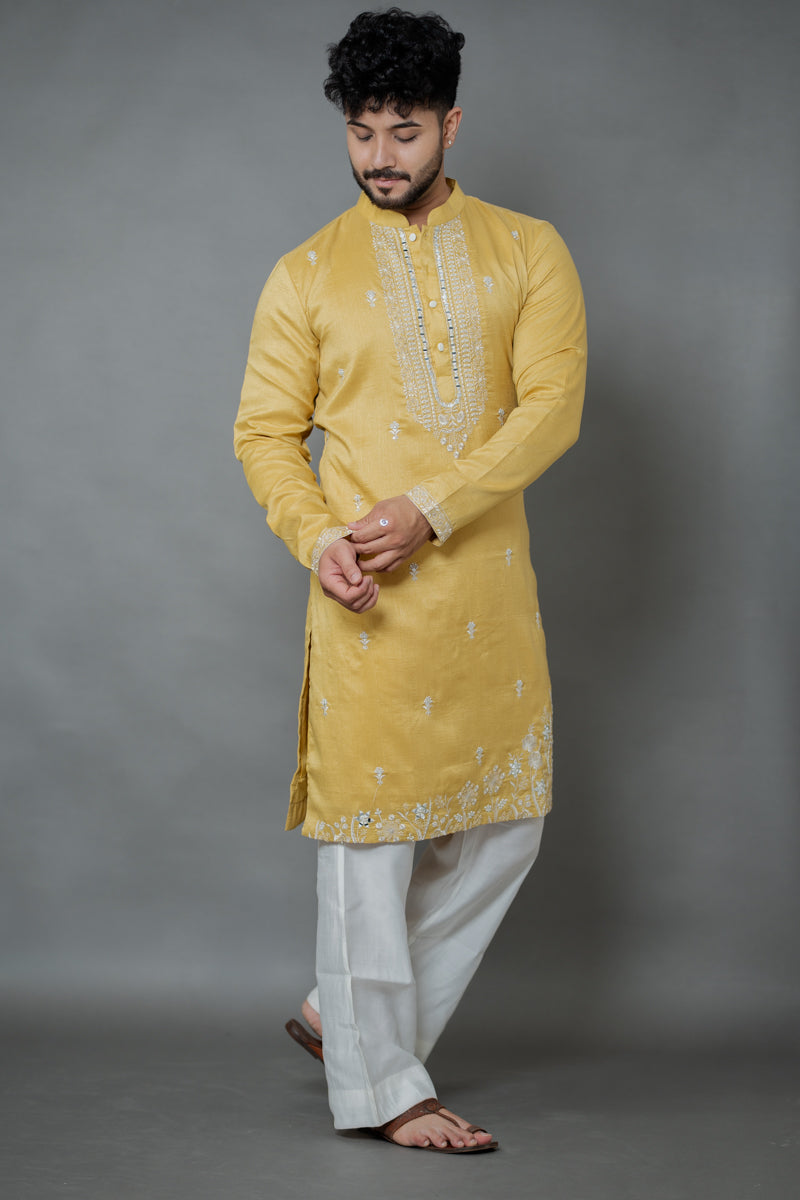 Mustard Gold Linen Silk Kurta Set with Thread Embroidery
