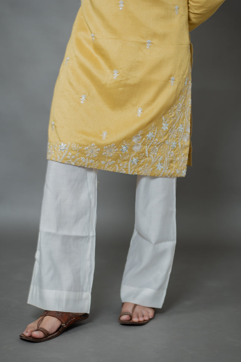 Mustard Gold Linen Silk Kurta Set with Thread Embroidery