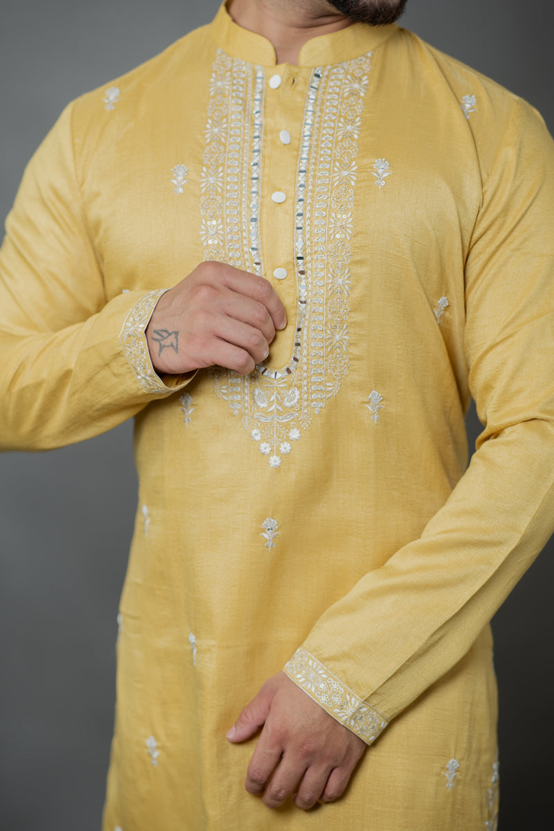 Mustard Gold Linen Silk Kurta Set with Thread Embroidery