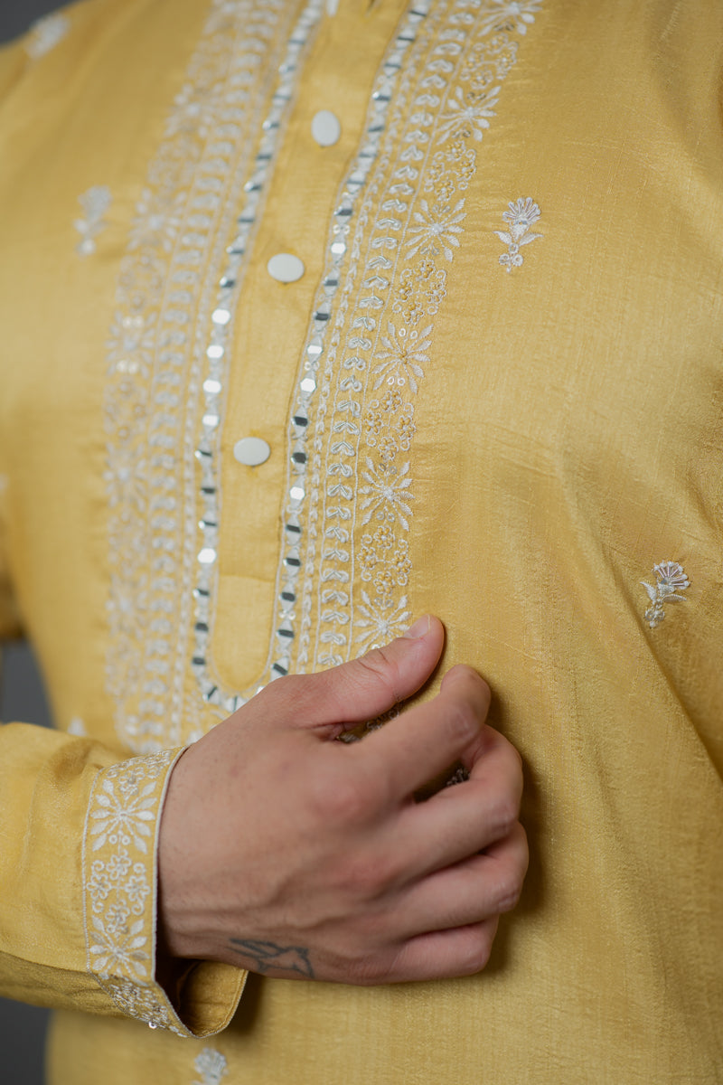 Mustard Gold Linen Silk Kurta Set with Thread Embroidery