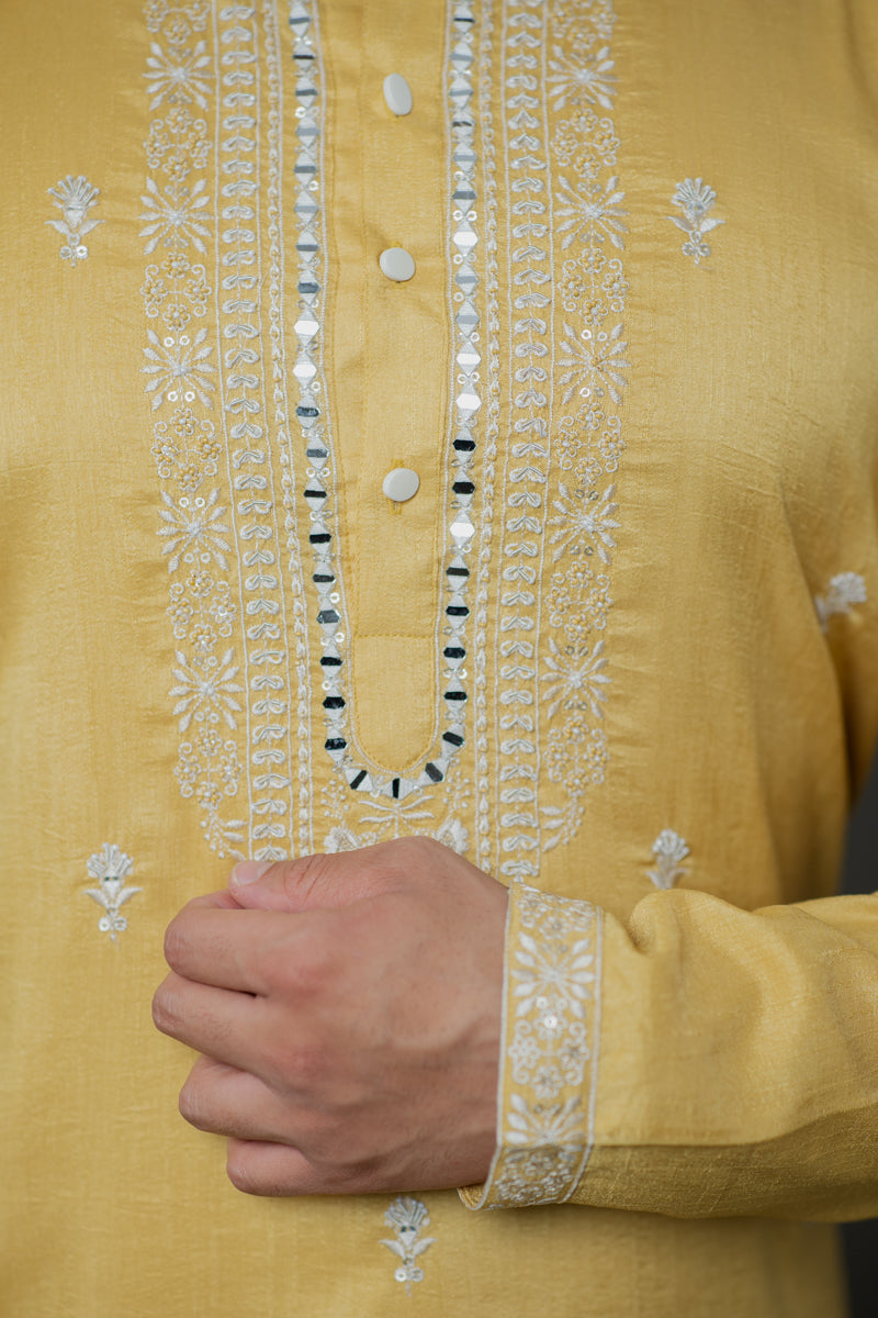 Mustard Gold Linen Silk Kurta Set with Thread Embroidery
