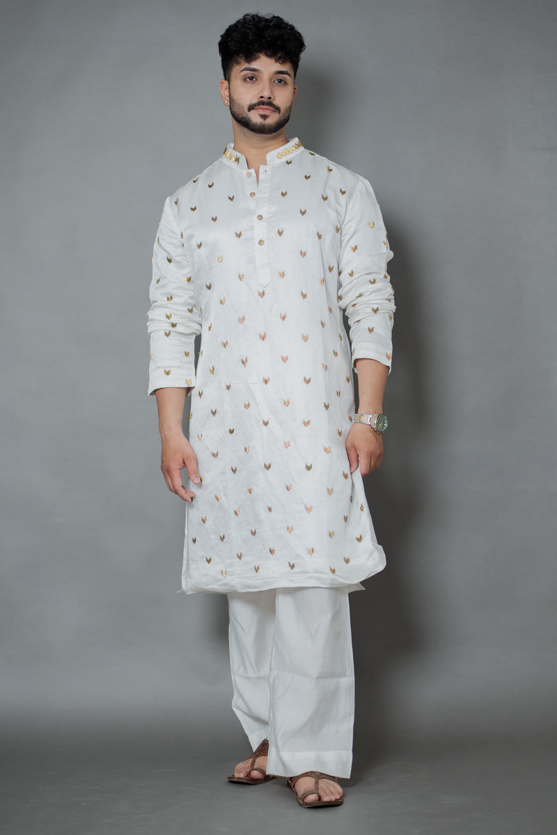 Ivory Japanese Silk Kurta Set with Metallic Motif Work