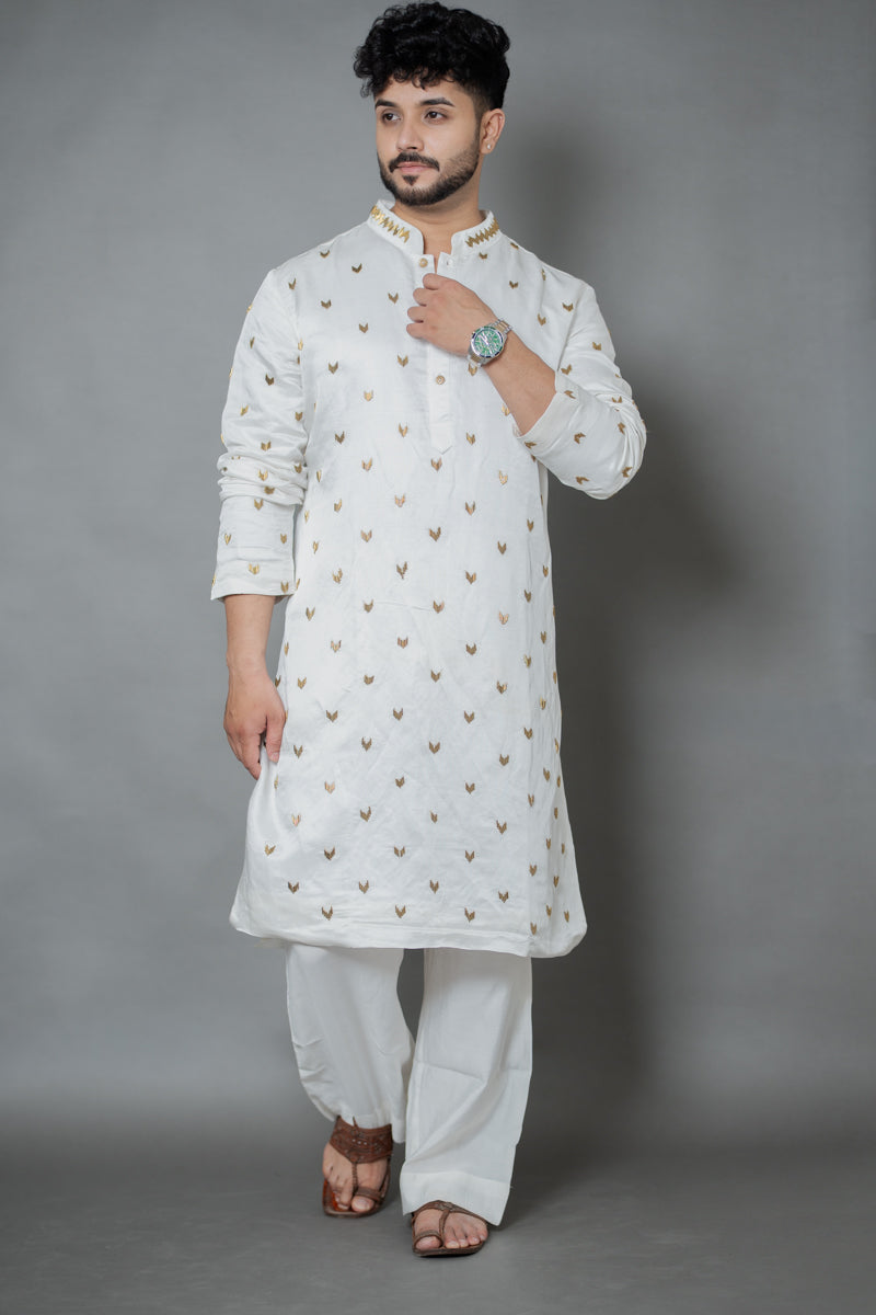 Ivory Japanese Silk Kurta Set with Metallic Motif Work