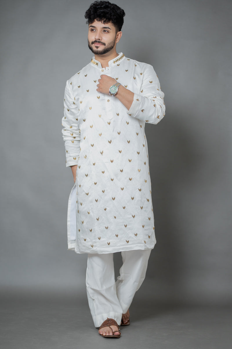 Ivory Japanese Silk Kurta Set with Metallic Motif Work