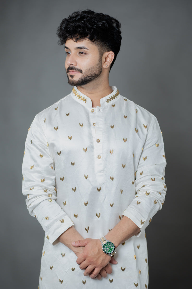 Ivory Japanese Silk Kurta Set with Metallic Motif Work