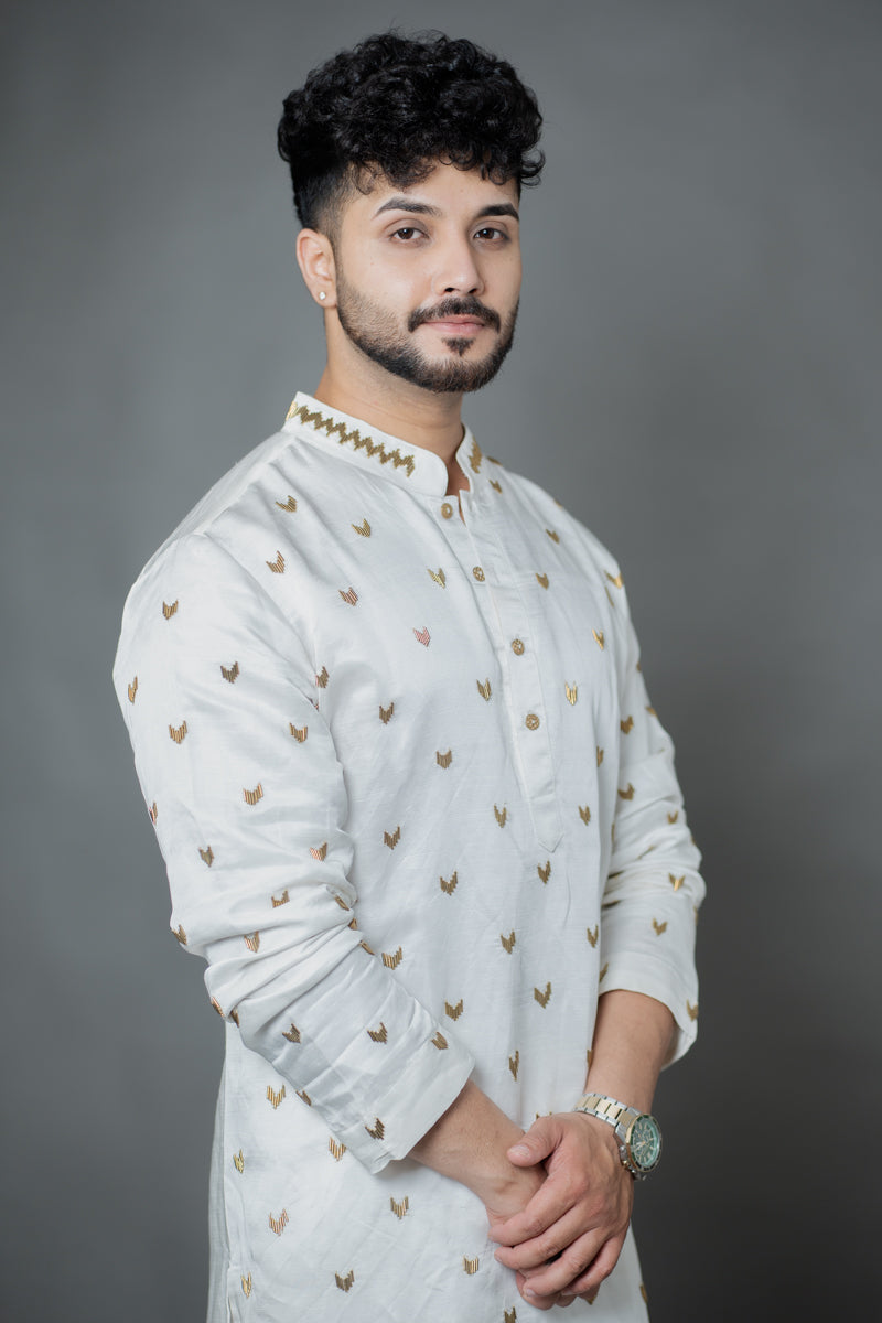 Ivory Japanese Silk Kurta Set with Metallic Motif Work