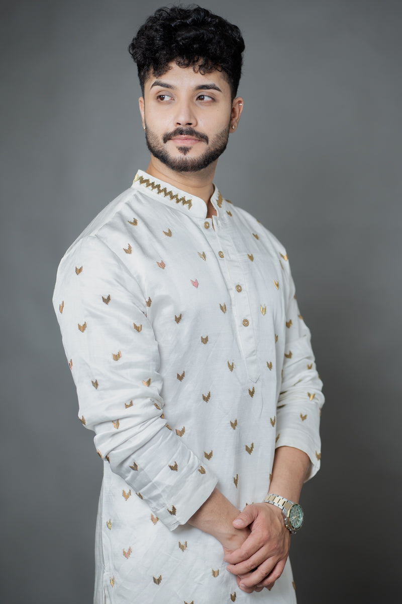 Ivory Japanese Silk Kurta Set with Metallic Motif Work