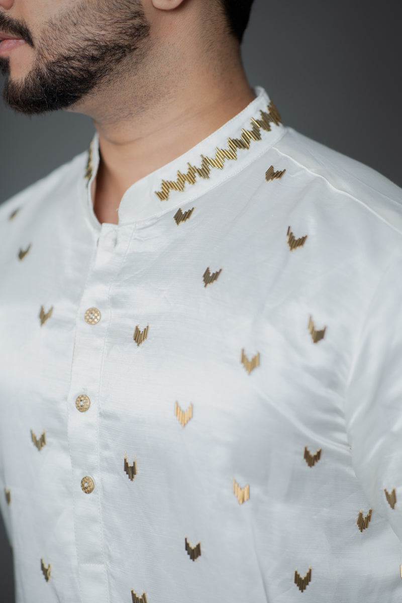 Ivory Japanese Silk Kurta Set with Metallic Motif Work