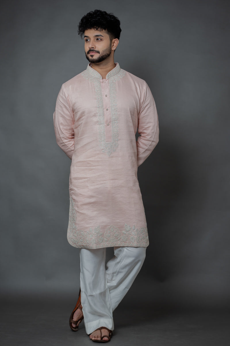 Blush Pink Japanese Silk Kurta Set with Floral Zari Embroidery