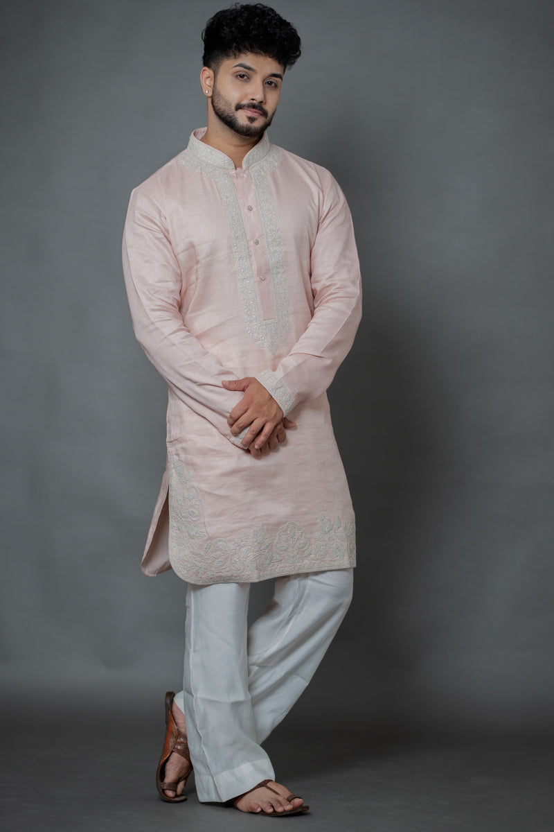 Blush Pink Japanese Silk Kurta Set with Floral Zari Embroidery