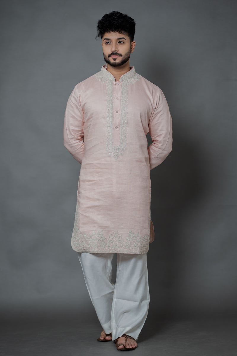 Blush Pink Linen Silk Kurta Set with Floral Zari Embroidery