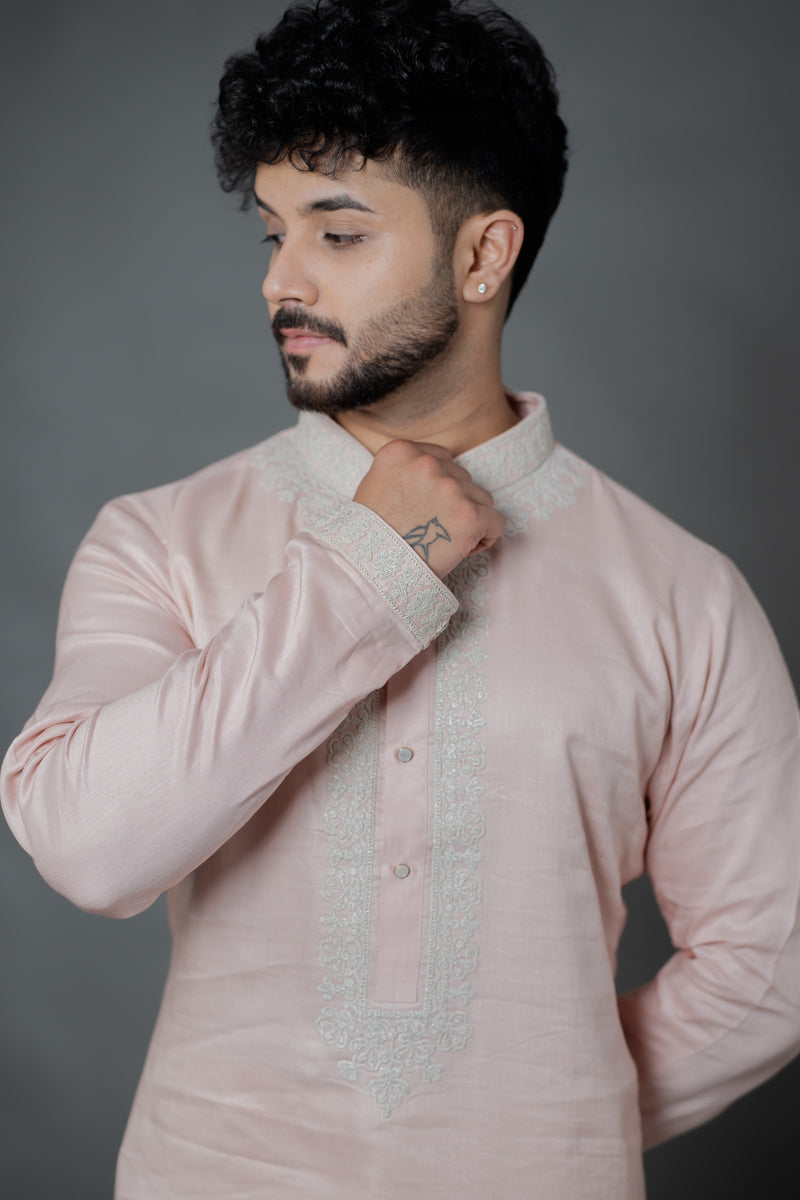 Blush Pink Linen Silk Kurta Set with Floral Zari Embroidery