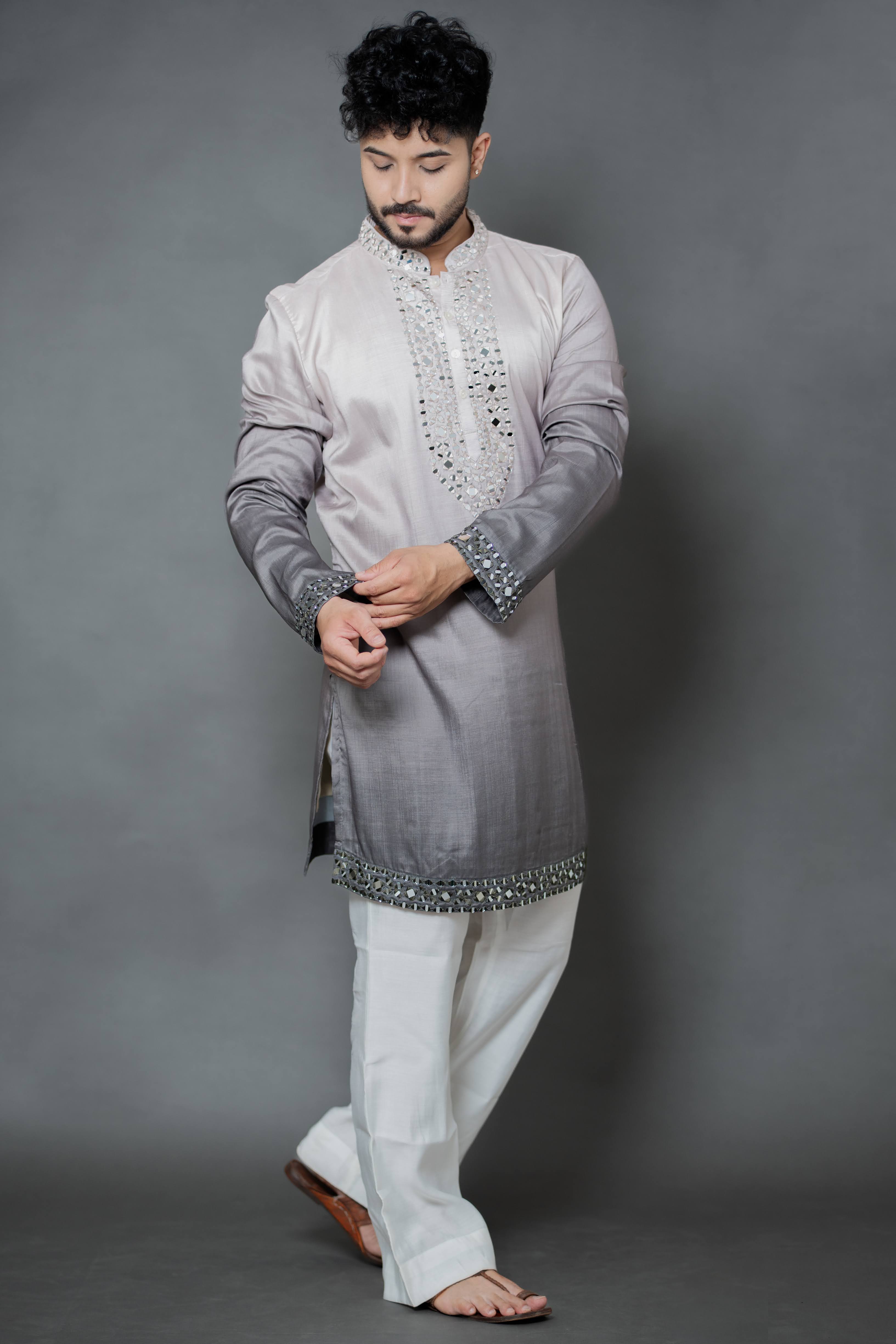 Grey Ombre Japanese Silk Kurta Set with Mirror Work