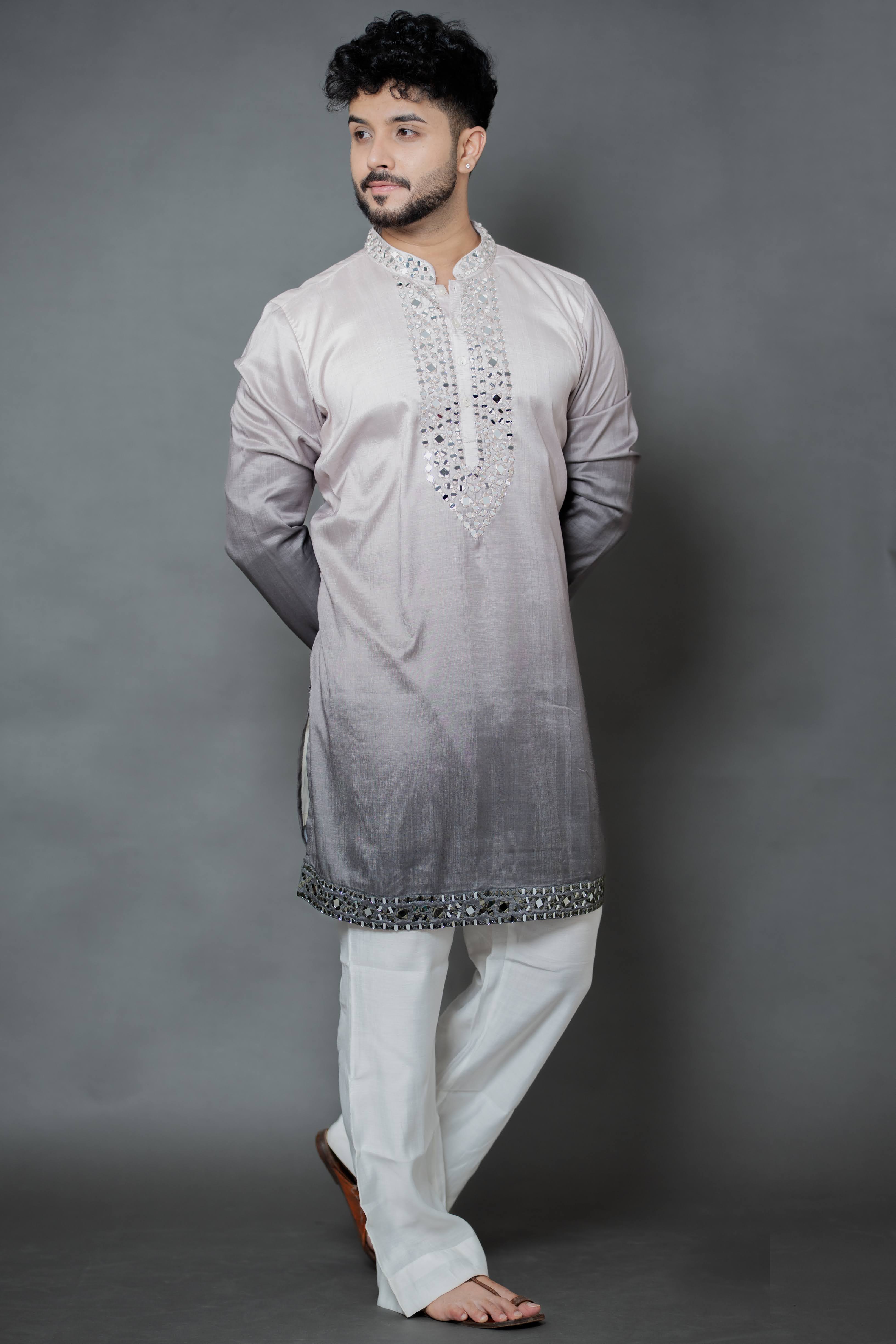 Grey Ombre Japanese Silk Kurta Set with Mirror Work